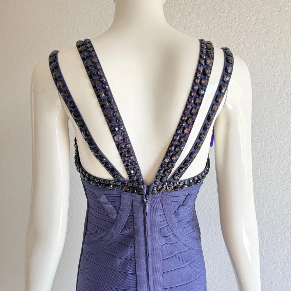 Herve Leger Navy V-Neck embellished Strap Midi Dress - Picture 4 of 8